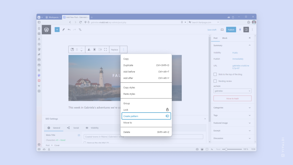 Vivaldi コミュニティのブログ投稿エディター。ブロックのメニューで新しいパターンを作成するオプションがハイライトされている状態
