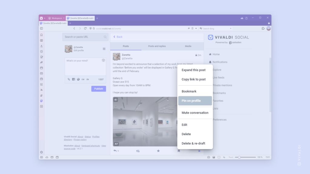 Vivaldi Social の投稿のコンテキストメニューでピン留めオプションがハイライトされた状態