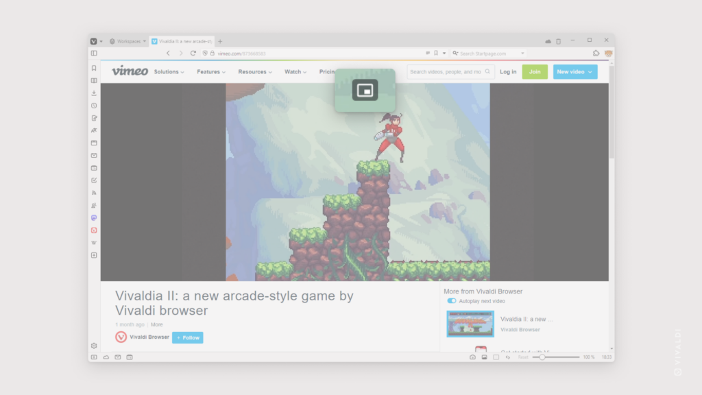 Video playing in Vivaldi Browser. Pop-out Video button is highlighted.