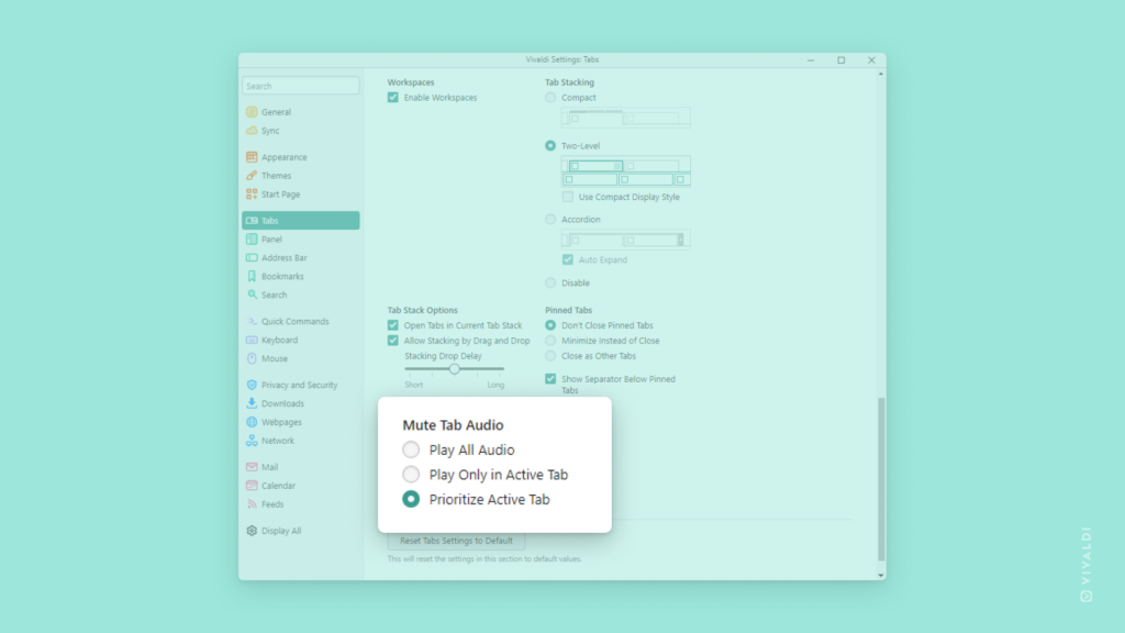 Tab Audio settings in Vivaldi.