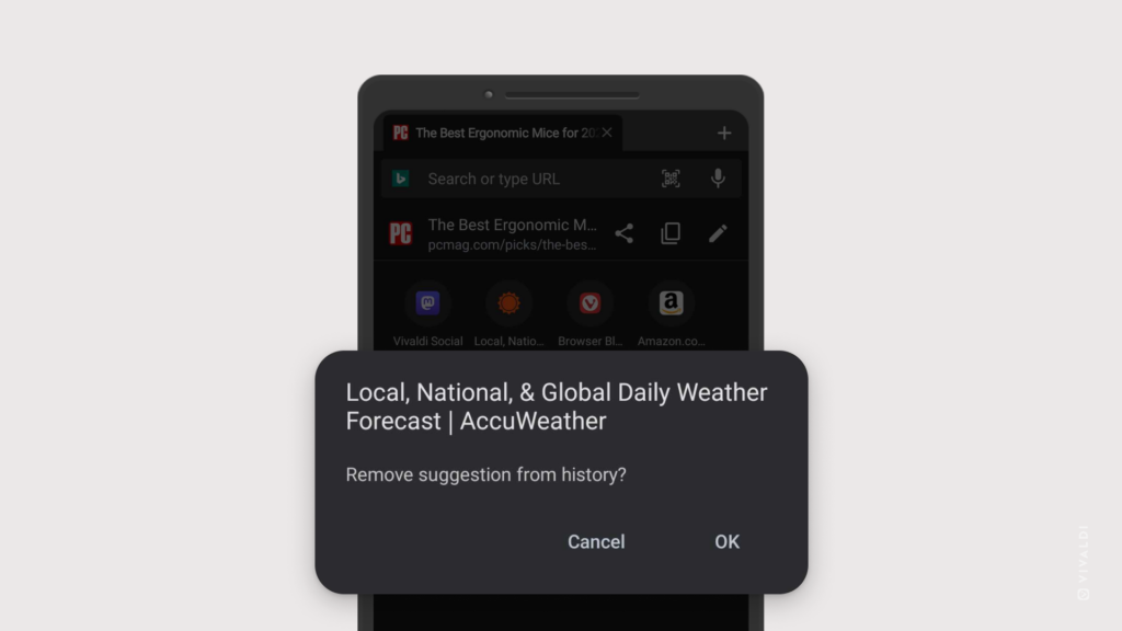 Confirmation dialog for deleting a history suggestion in Vivaldi on Android.