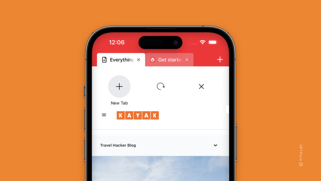 Vivaldi on iOS with the swipe menu open to allow opening a new tab, reloading the tab or closing the tab.