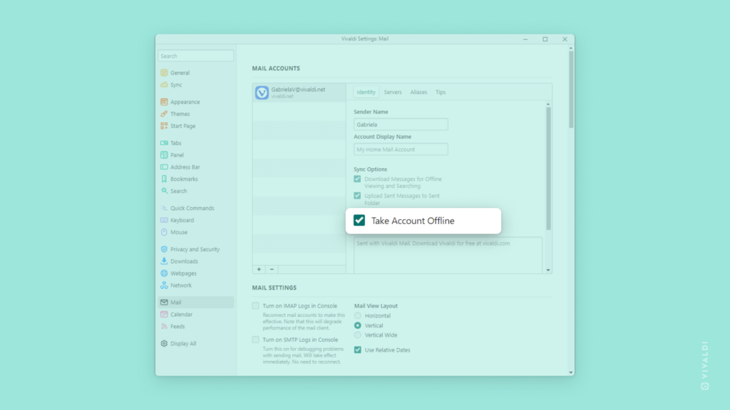 Vivaldi Mail Settings with "Take account offline" highlighted.