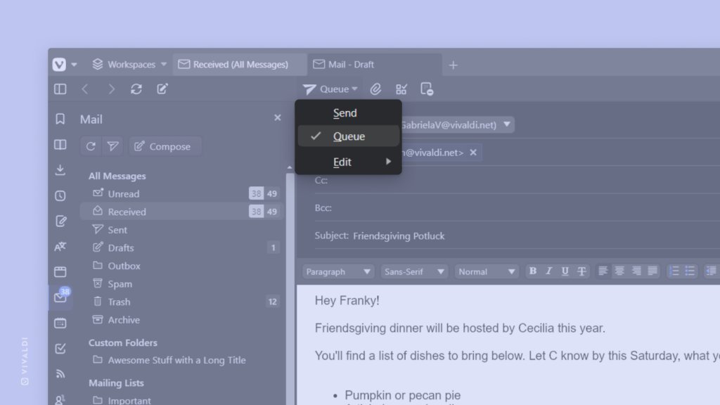 Mail composer open in Vivaldi Mail with context menu highlighting the Queue option open.