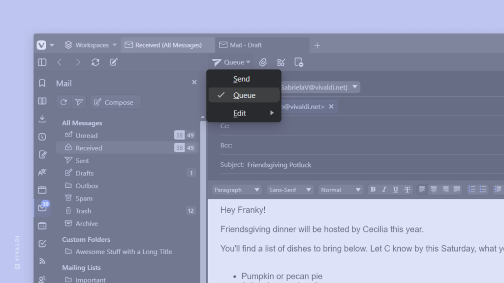Vivaldi メールのメール作成ダイアログでコンテキストメニューの「キュー」オプションが開いている状態