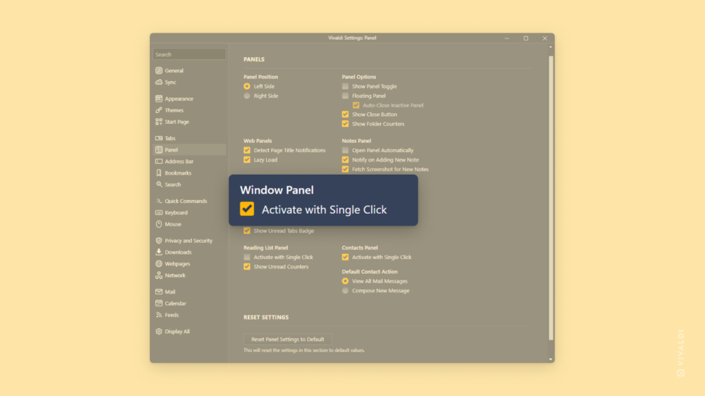 Window Panel settings with "Activate with Single Click" option highlighted.