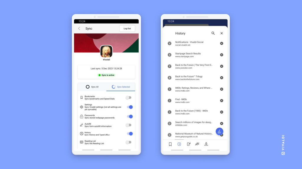 Two Android devices with Vivaldi open. One showing Sync settings, the other the History Panel.
