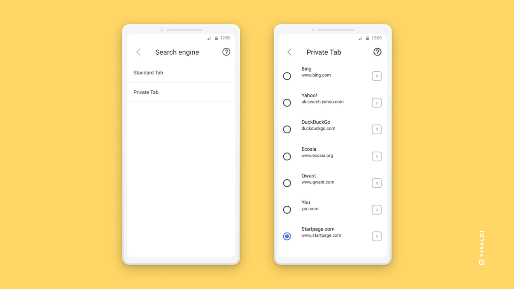 Search settings in Vivaldi on Android.