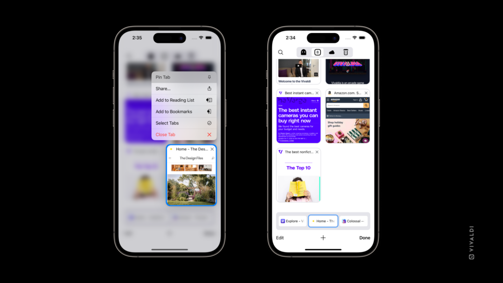 Image with two iPhones. One showing the menu for pinning tabs, the other showing the Tab Switcher with regular and pinned tabs.