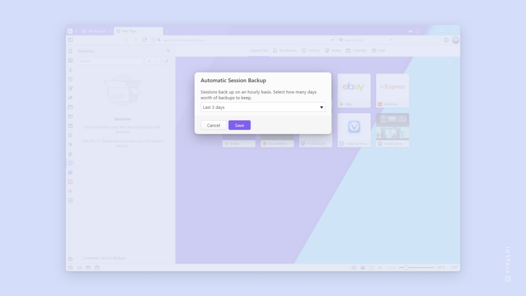 Vivaldi ブラウザのウィンドウでセッションパネルとセッションを自動バックアップするダイアログが開いている状態