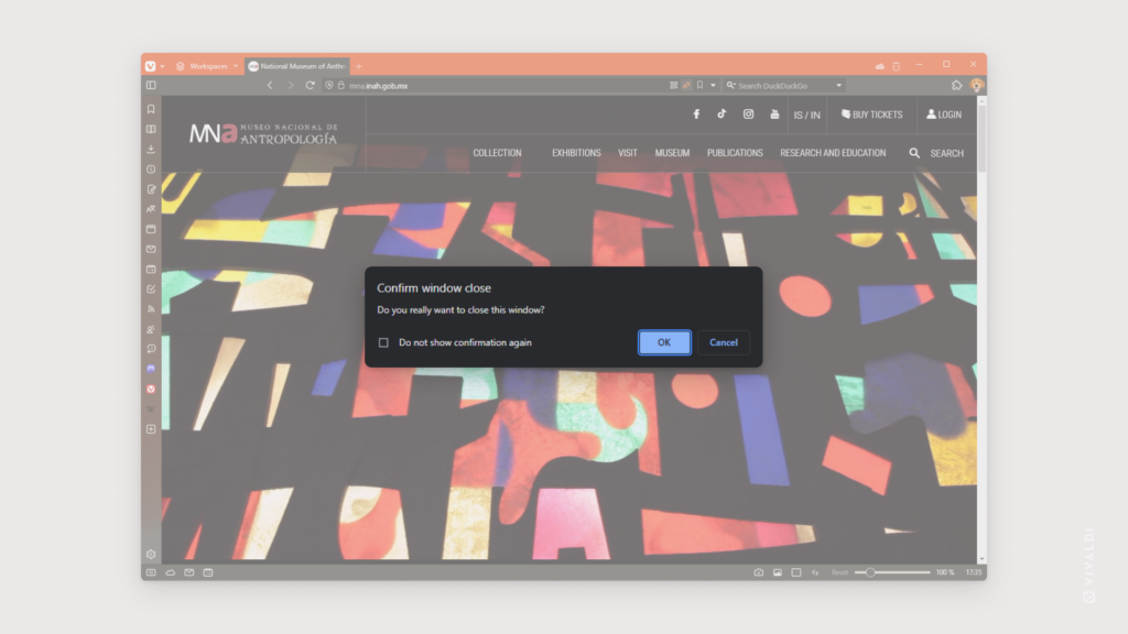 Vivaldi Browser window with a "Confirm window close" dialog open on the foreground.