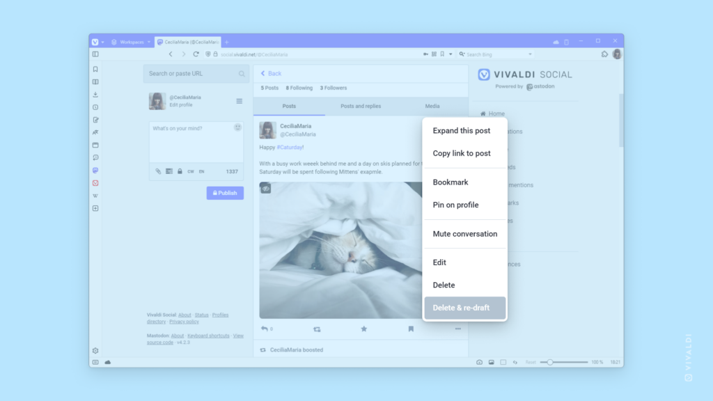 A post on Vivaldi Social with a menu that has the "Delete and re-draft" option open and highlighted.