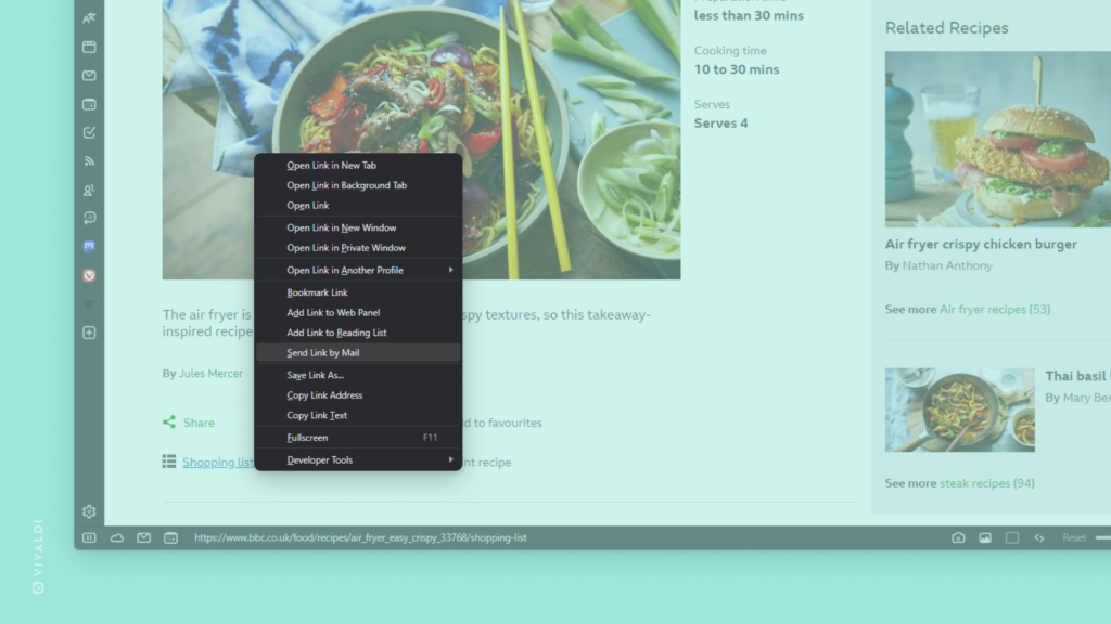 Vivaldi ブラウザで開いたウェブページ上のリンクを右クリックして表示されたメニューで「メールでリンクを送信」がハイライトされている状態