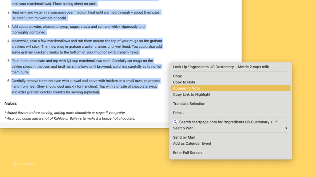 Append to note context menu option highlighted in Vivaldi on desktop.