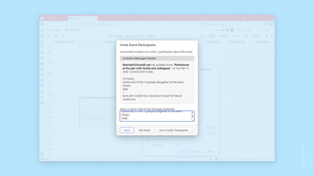 Vivaldi Calendar with an event being created and event invitation dialog being highlighted.
