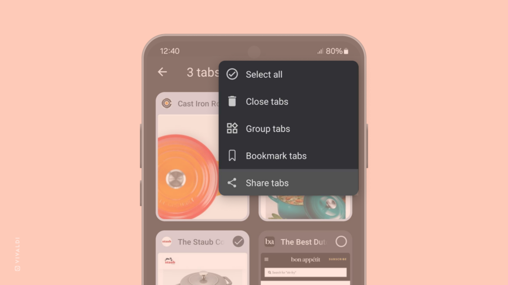 Vivaldi on Android's Tab Switcher with 3 selected tabs and a menu open to share the links of selected tabs.