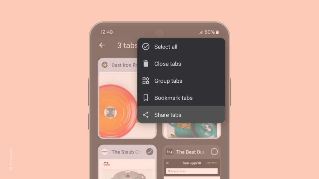 Android 版 Vivaldi のタブスイッチャーで 3 つのタブが選択され、タブを共有するメニューが開かれている状態