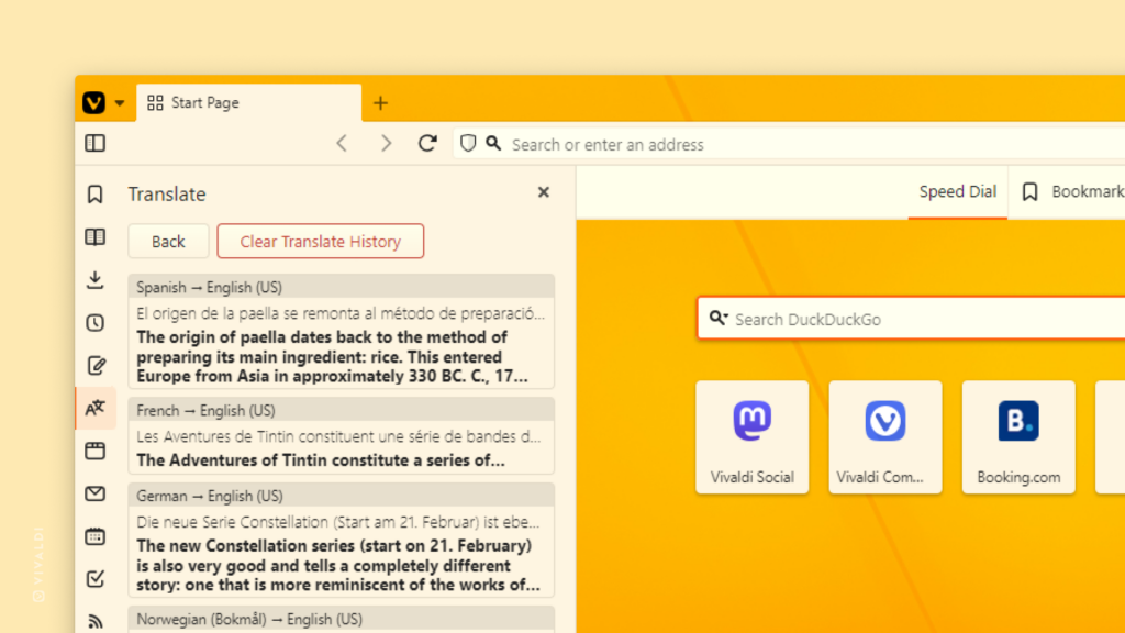 Translate History open in the panel with a corner of the Start Page visible on the right side.