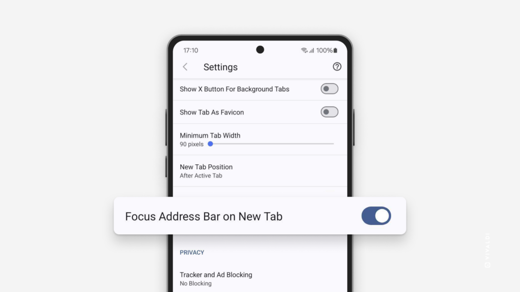 Settings in Vivaldi on Android, highlighting "Focus Address Bar on New Tab:.