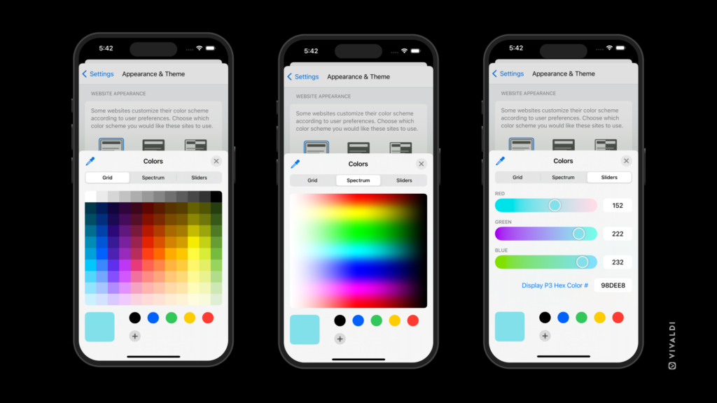Accent Color settings in Vivaldi on iOS showing the Grid, Spectrum and Sliders.