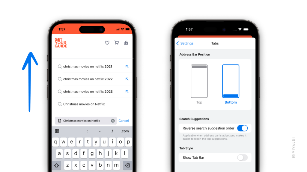 Reversed search suggestions order and the settings page open on two iOS devices.