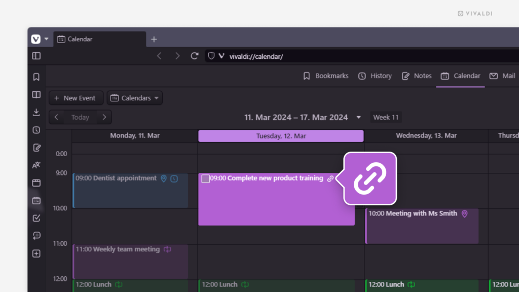 Vivaldi Calendar with the link property icon highlighted.