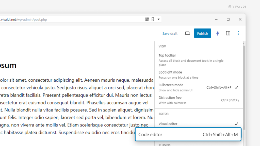 Vivaldi.net ブログでオプションメニューが開いていて、Code editor のオプションがハイライトされている状態