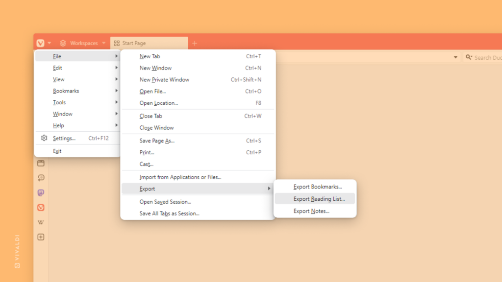 Vivaldi ブラウザでリーディングリストをエクスポートするメニューのパスが表示された状態