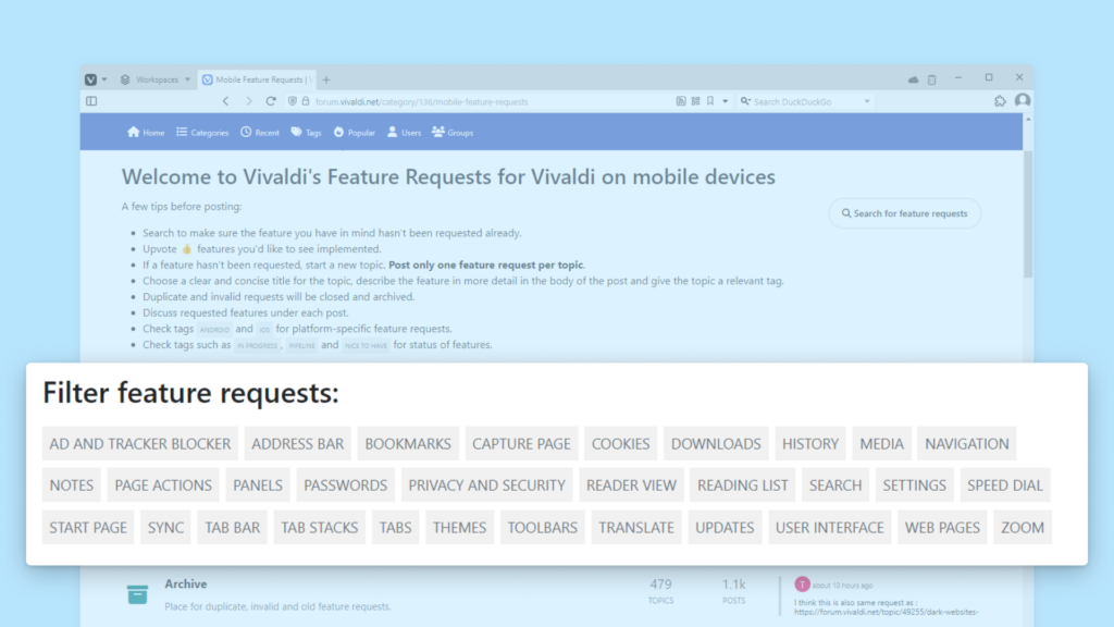 Mobile Feature Requests page on the Vivaldi Forum, with tags highlighted.