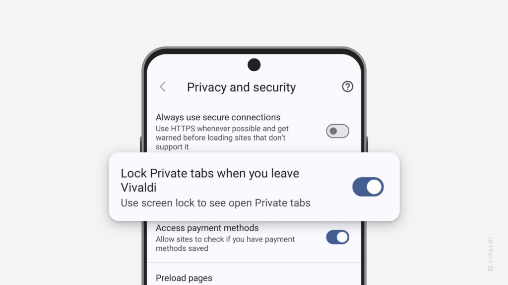 Privacy and Security settings in Vivaldi on Android. Lock Private Tabs setting is highlighted.