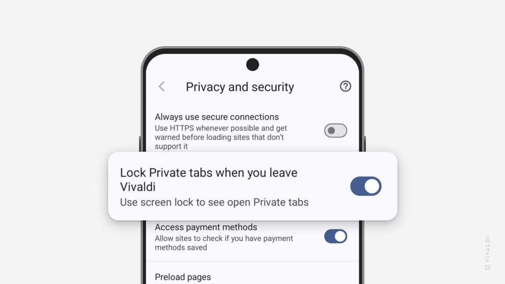 Android 版 Vivaldi のプライバシーとセキュリティ設定でプライベートタブのロック設定がハイライトされている状態