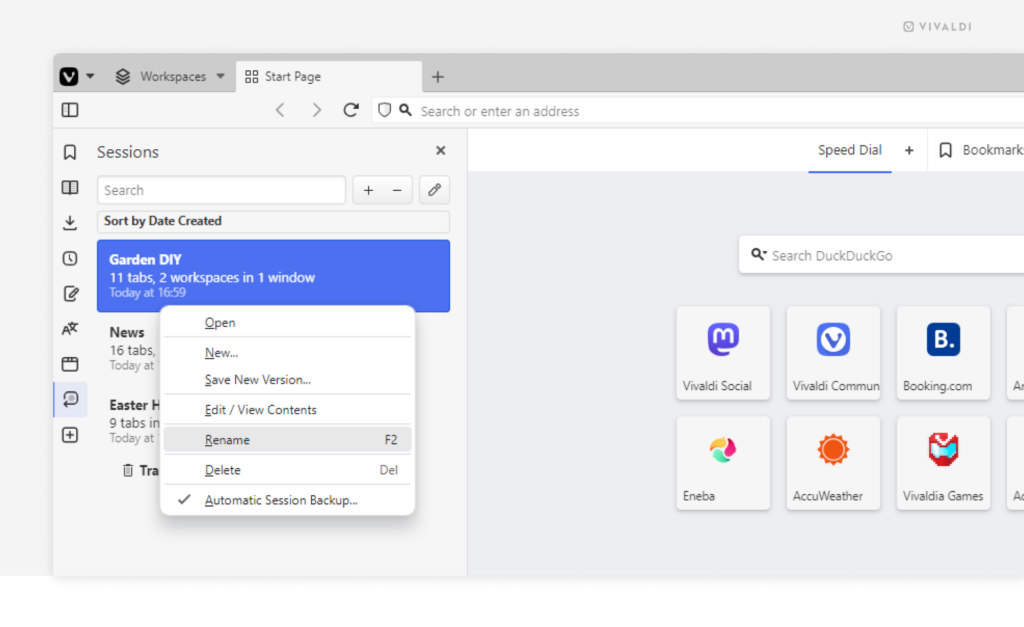 Sessions Panel in Vivaldi browser. Context menu with the Rename option open.