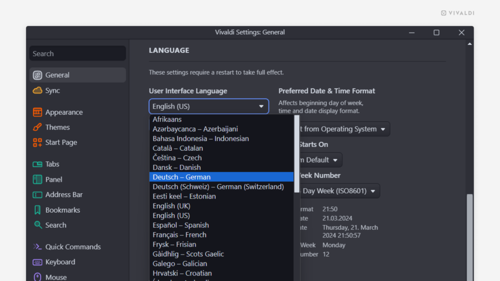 Vivaldi browser's Settings window with User Interface Language dropdown showing available languages.