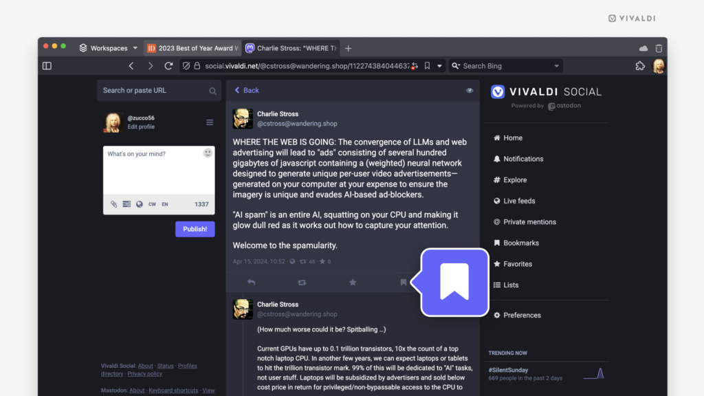 A post open on Vivaldi Social with the bookmark button highlighted.