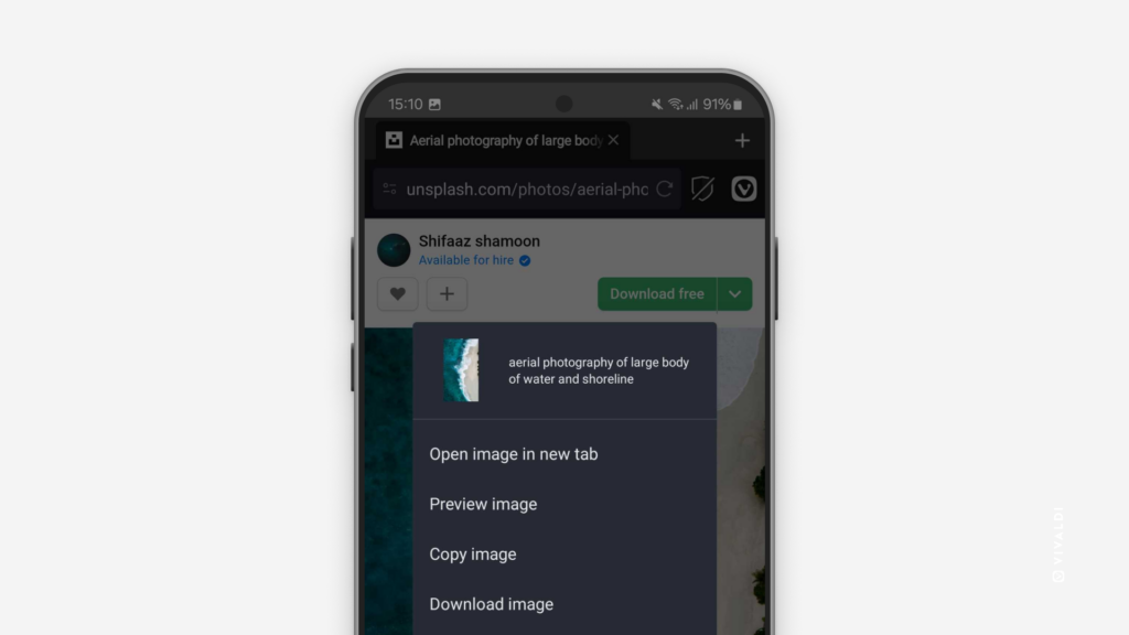 A web page with an image open in Vivaldi on Android. The image has been long pressed to display the context menu and Alt text.