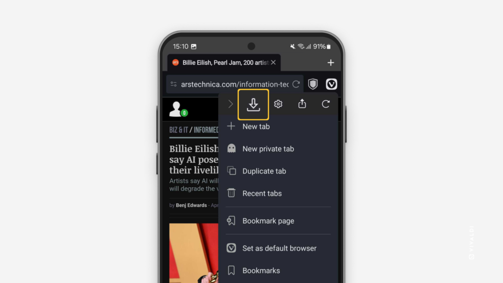 Vivaldi menu open in Vivaldi browser on Android with the Download button highlighted.
