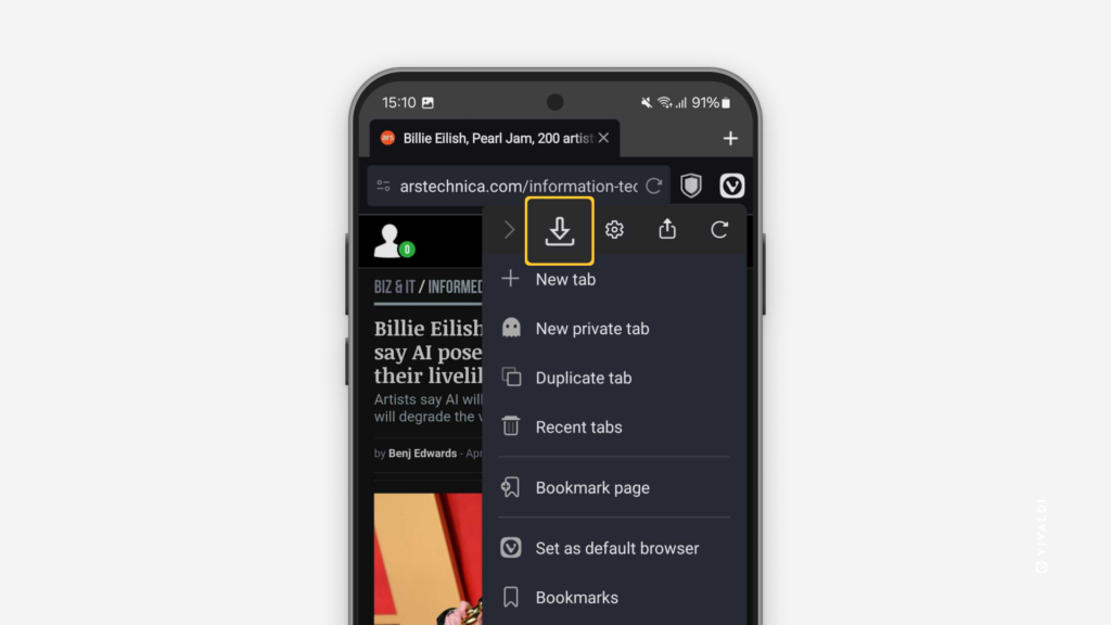 Android 版 Vivaldi ブラウザで Vivaldi メニューが開いていてダウンロードボタンがハイライトされている状態