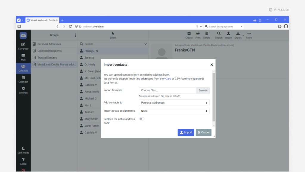 Import contacts window open in Vivaldi Webmail.