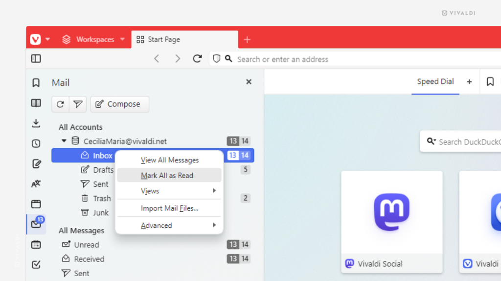 Mail Panel open in Vivaldi browser. The right-click context menu is open for marking all messages as read.