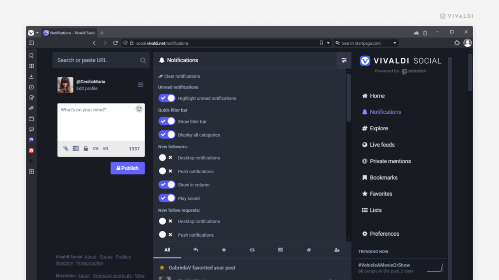 Notification settings open in Vivaldi Social.