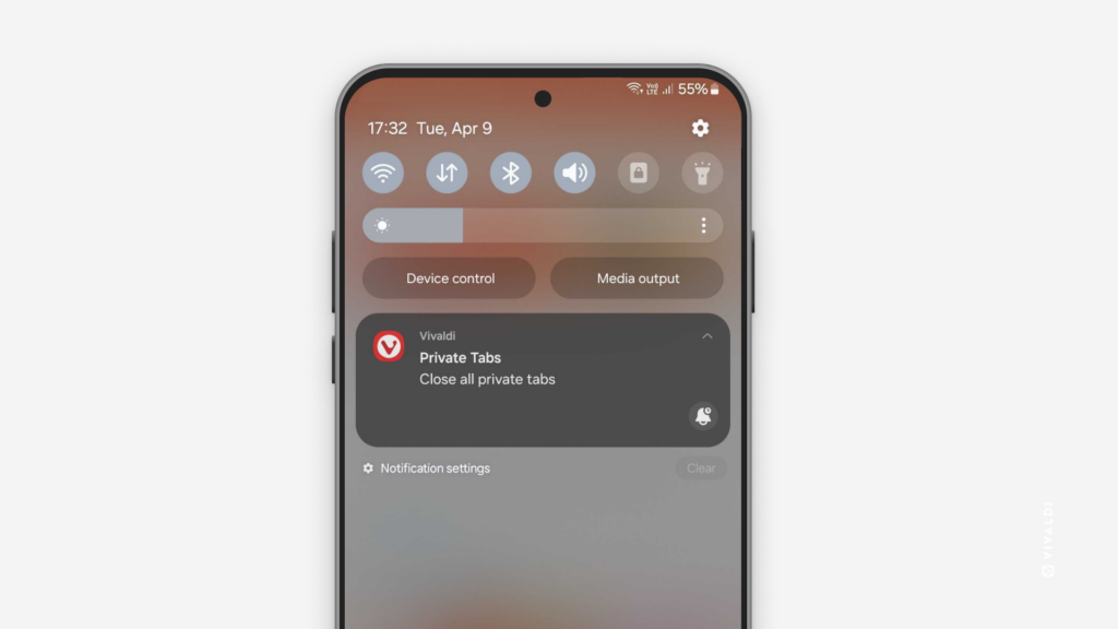 Android phone with Notifications open. There's one notification about Vivaldi browser's private tabs.