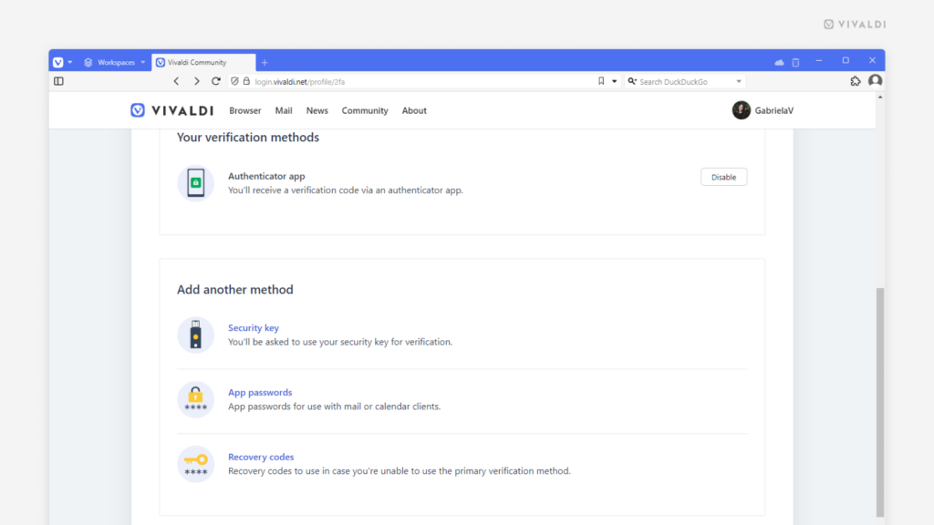 Two-Factor Authentication management page on Vivaldi.net.