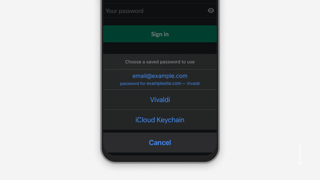 Login screen on an app with login credentials saved in Vivaldi being suggested for autofill.