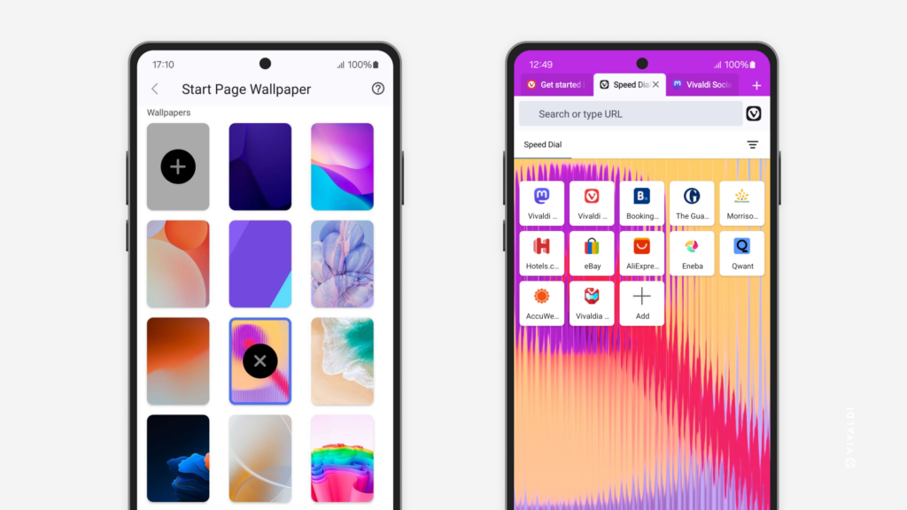 Start Page Wallpaper settings and example in Vivaldi on Android.