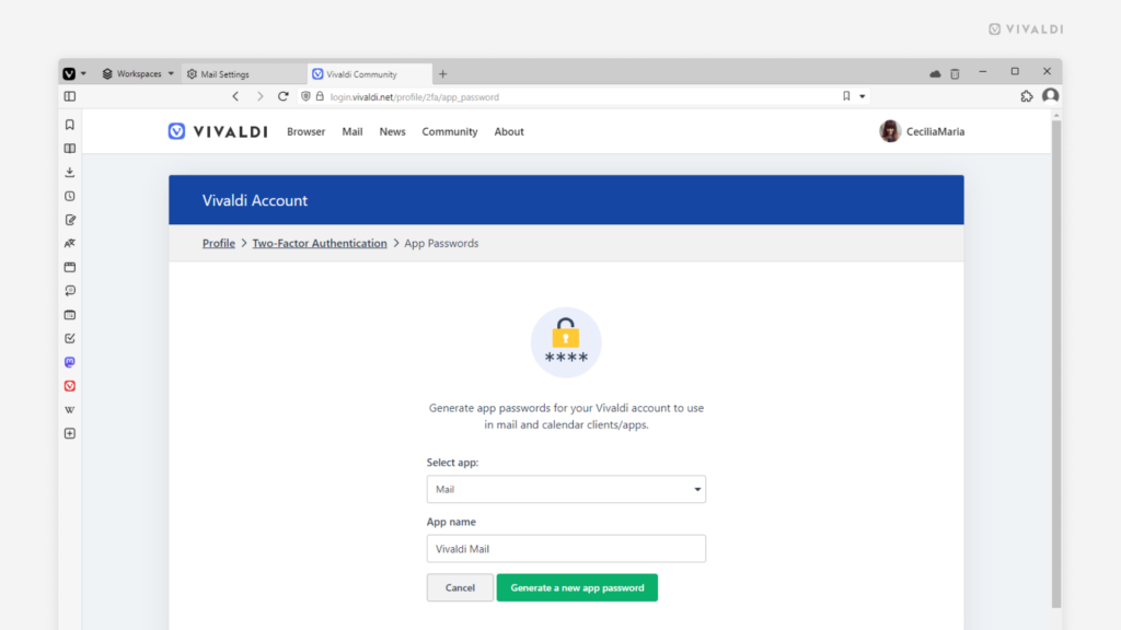 App Password generation page on Vivaldi.net.