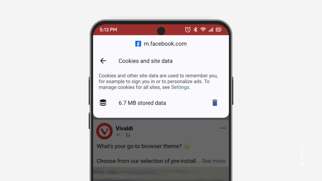 Menu for deleting cookies and site data for a specific website open in Vivaldi on Android.