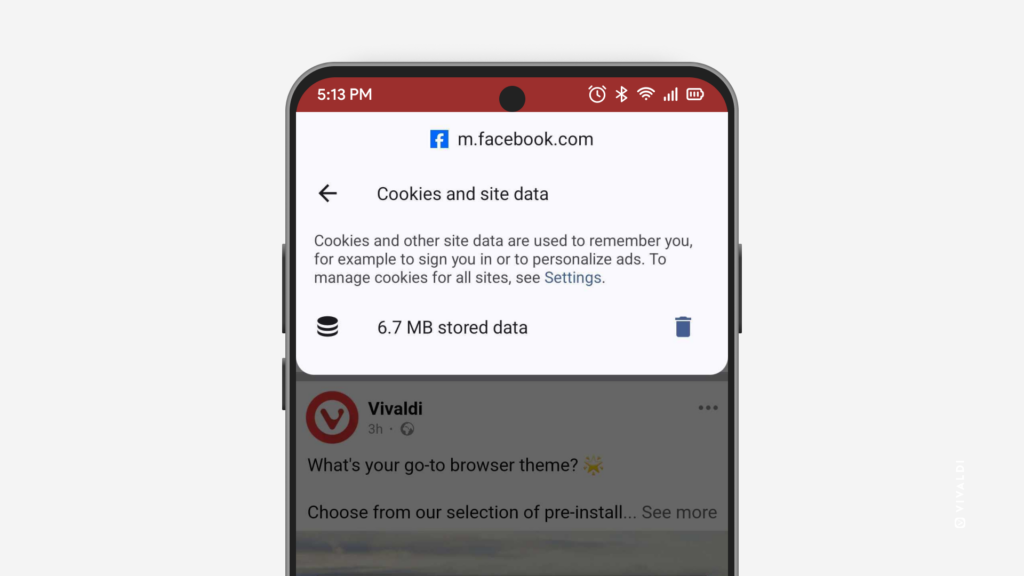 Android 版 Vivaldi で開いている特定のウェブサイトの Cookie とサイトデータを削除するメニューが表示されている