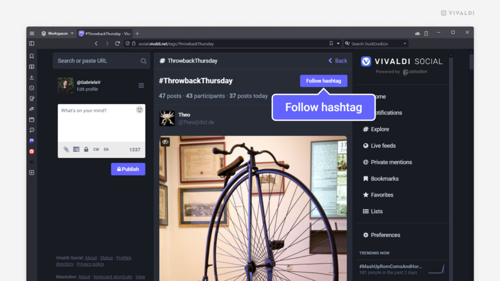 A hashtag page open in Vivaldi Social. "Follow hashtag" button is highlighted.