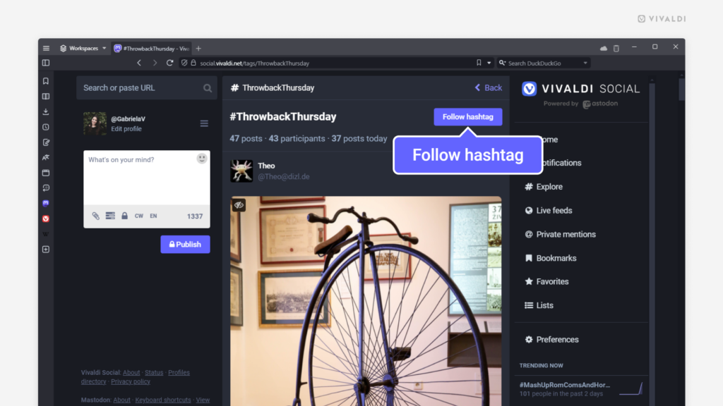 Vivaldi Social でハッシュタグのページが開いていて「ハッシュタグをフォローする」ボタンがハイライトされている