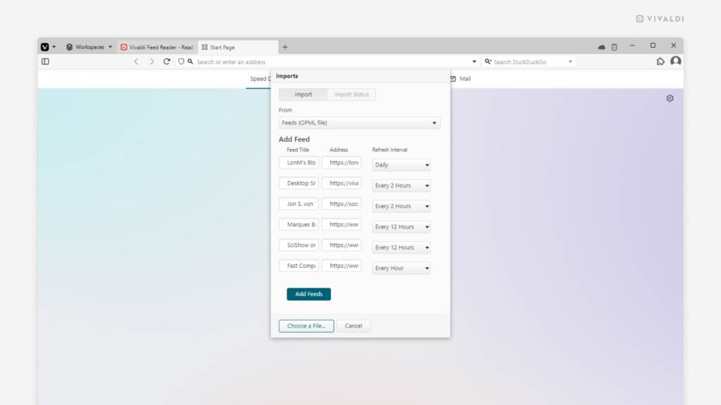 Feeds import dialog open in Vivaldi Browser.